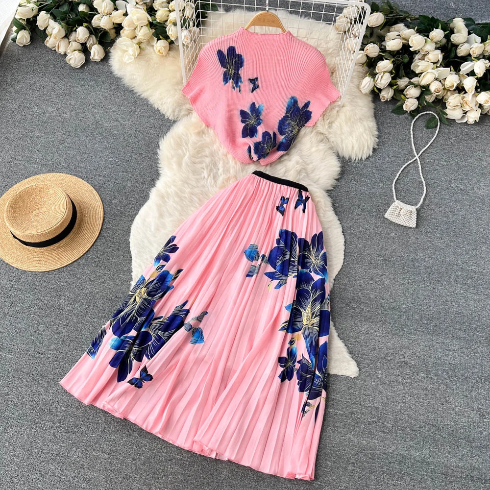 Vintage Elegant Floral Print Stretched Pullovers Top + A-Line Pleated Midi Long Skirts Fashion Runway 2 Pcs Sets Casual Outfits