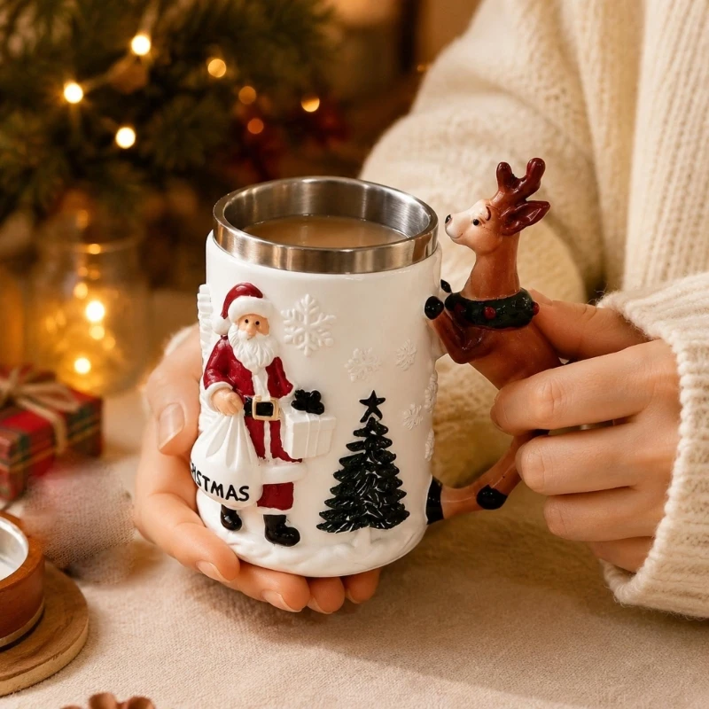 Christmas Coffee Mug with Resin and Stainless Steel Construction, 3D Relief Santa and Snowflake Pattern, Deer Handle, and