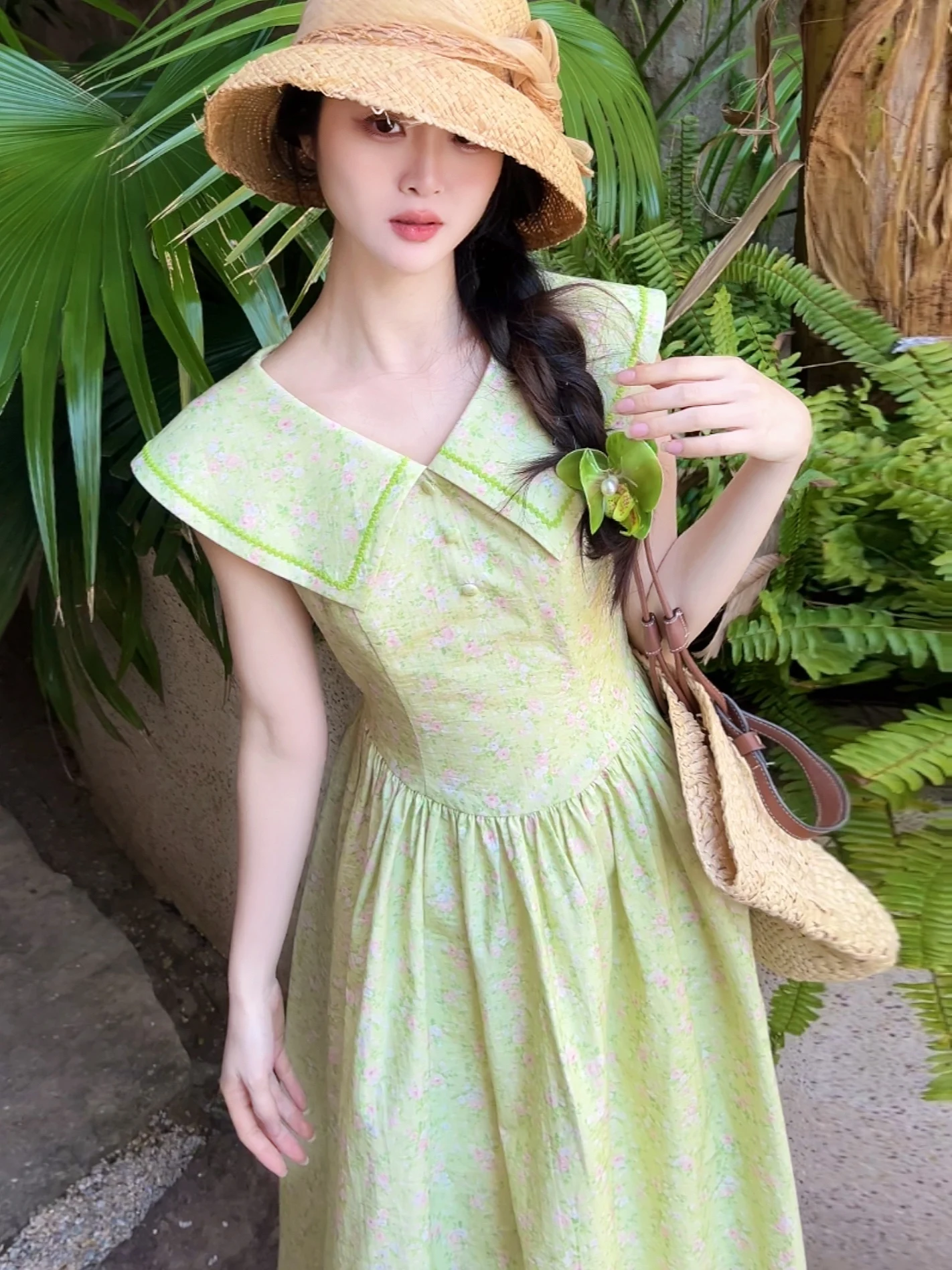 

Платье А-силуэта с цветочным принтом, воротником-стойкой и рукавами-колокол, повседневная женская одежда из хлопка, весна-лето