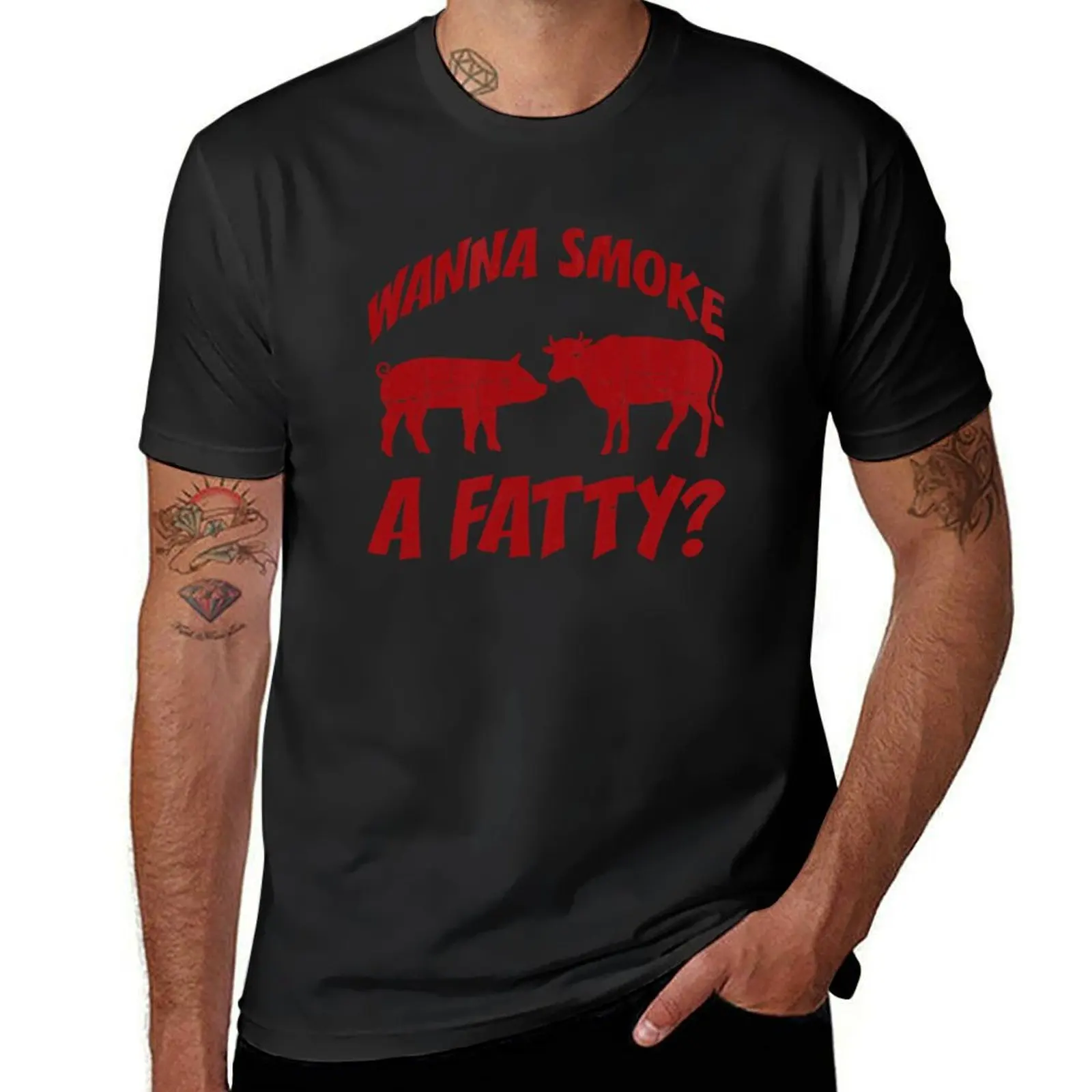 Wanna Smoke A Fatty - Funny BBQ - Meat Smoker - Grilling T-Shirt customs plus sizes sports fans Men's clothing