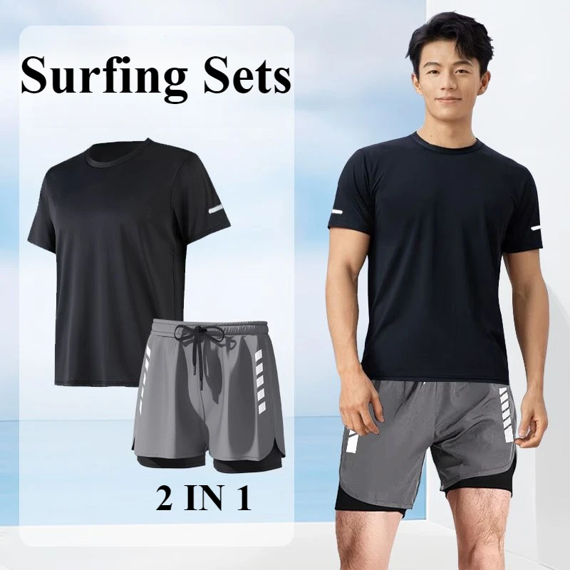 Summer Men Swimsuit Quick Dry Swimwear Swimming Tops+Trunks UPF50+ BeachSport Rash Guard Short Surfing Bathing Suit Set