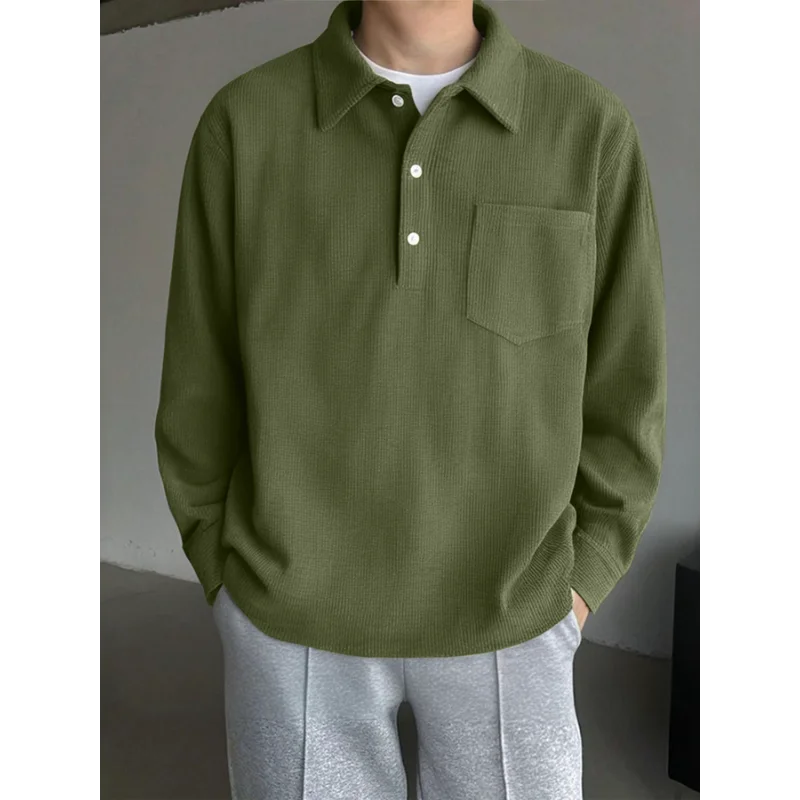 

Lapel Long-sleeved Polo Shirt for Men Loose and Versatile Casual Pullover Button Pocket Fashion Top