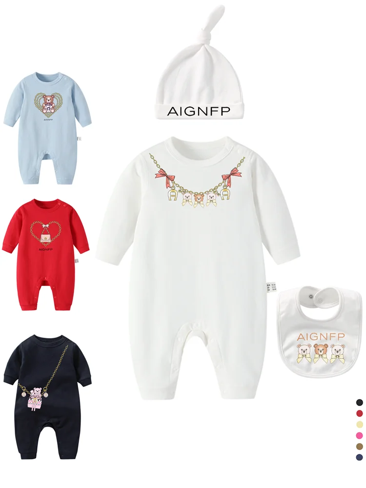 Cute Bow Newborn jumpsuit Fall Warm Baby Rompers Hat drool bib 3Pcs Set Winter Toddler Bodysuits %100 Cotton Newborns Clothes