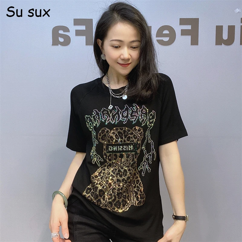 

2025 Summer Sequins Cartoon Bear T Shirt Woman High Elastic Cotton Tops Y2k Clothes Casual O Neck Short Sleeve Tees Vestidos