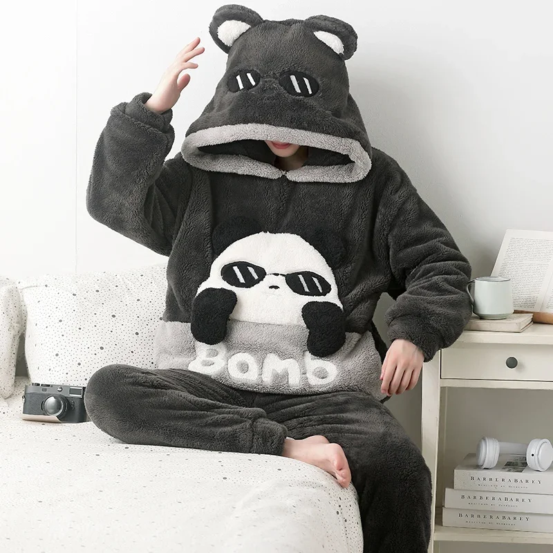 Couples Pajamas Sets Winter Thicken Sleepwear Adult Cartoon Panda Kawaii Women Men Soft Warm Pyjamas Korean Hooded Nightgown