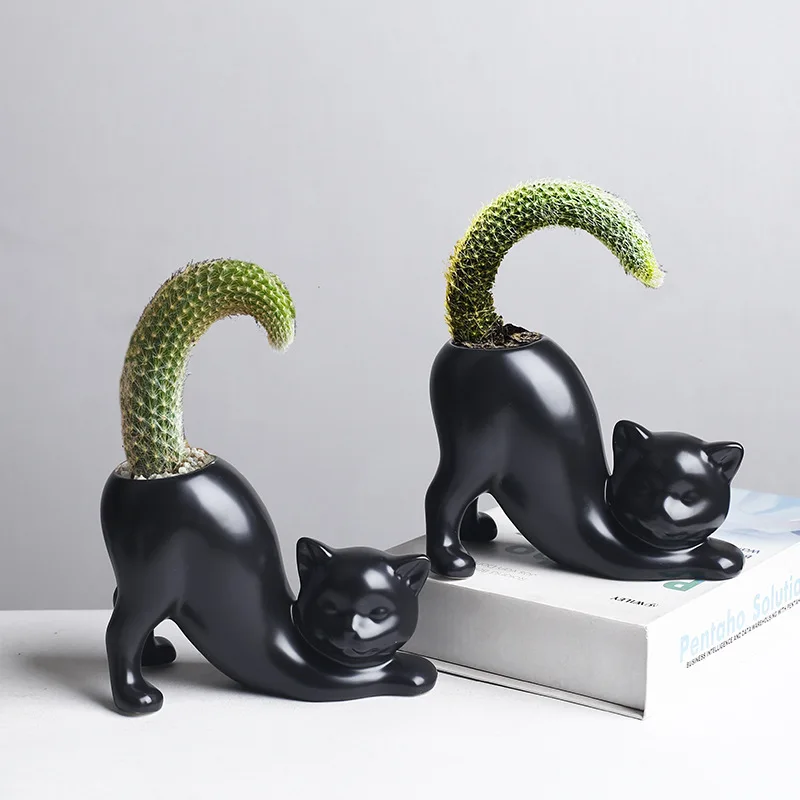 

Кашпо-ваза в виде мультяшного кота с милым кошачьим хвостом, фарфоровый горшок для суккулентов, декоративный аксессуар для дома
