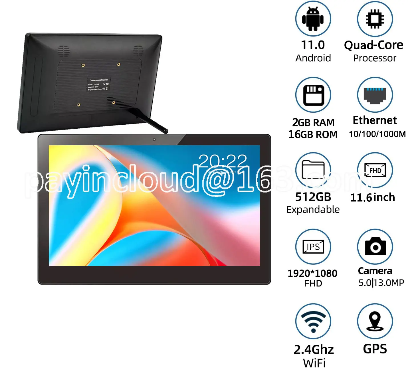 For Android 11 Os Quad Core 1.8Ghz 2GB RAM 16GB ROM FHD IPS Touch Screen POE Power 11.6 12 Inch Tablets with 2.4G and 5GHz WiFi