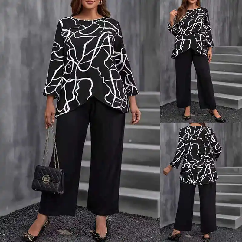 

Autumn Fashion Print Shirt And Trousers Women Two Piece Suit Set Long Sleeve round Neck Polyester Workwear Winter Office