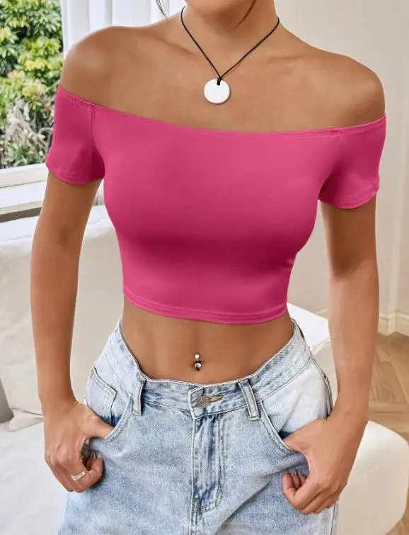 

Tight Fitting Women's T-Shirt Summer New Sweet and Spicy Style Solid Color Simple Off Shoulder One Neck Tight Fitting T-Shirt
