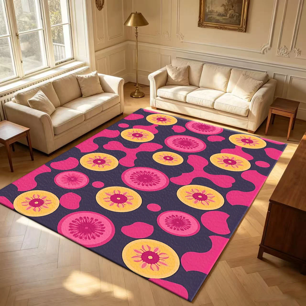 Pink Yellow Floral Fruit Slices Seamless Pattern carpet flooring Cute Modern Floor Rug