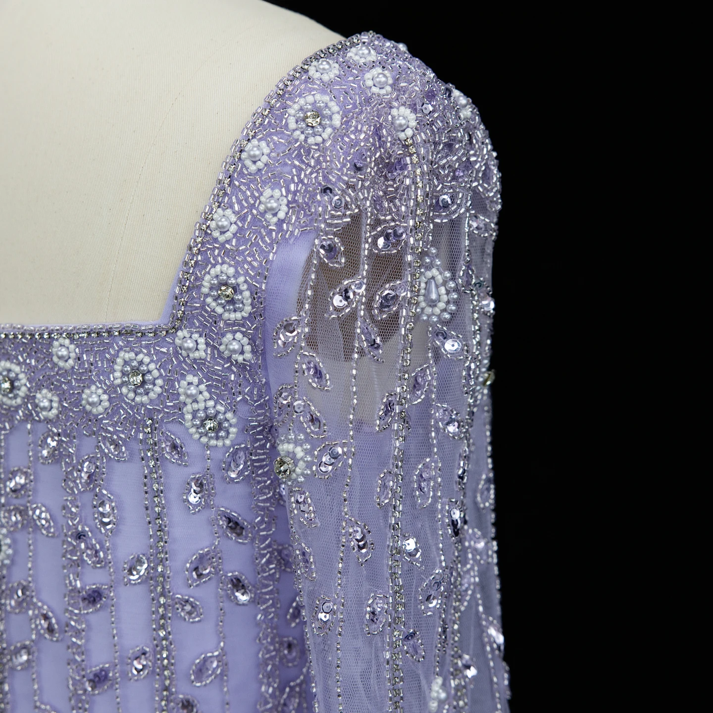 Sharon Said Luxuriöses Flieder-Champagner-Abendkleid mit Quadratischem Ausschnitt und Ärmeln, Rosa Muslimisches Abendkleid für Hochzeitsfeier, SS494 Maßanfertigung – Detail 15