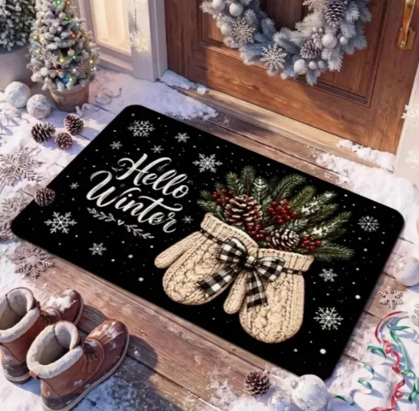 Santa Face Christmas Doormat Surrounded By Gift Boxes Candy Cane Print Indoor Outdoor Entryway Xmas Holiday Decor Welcome Mat
