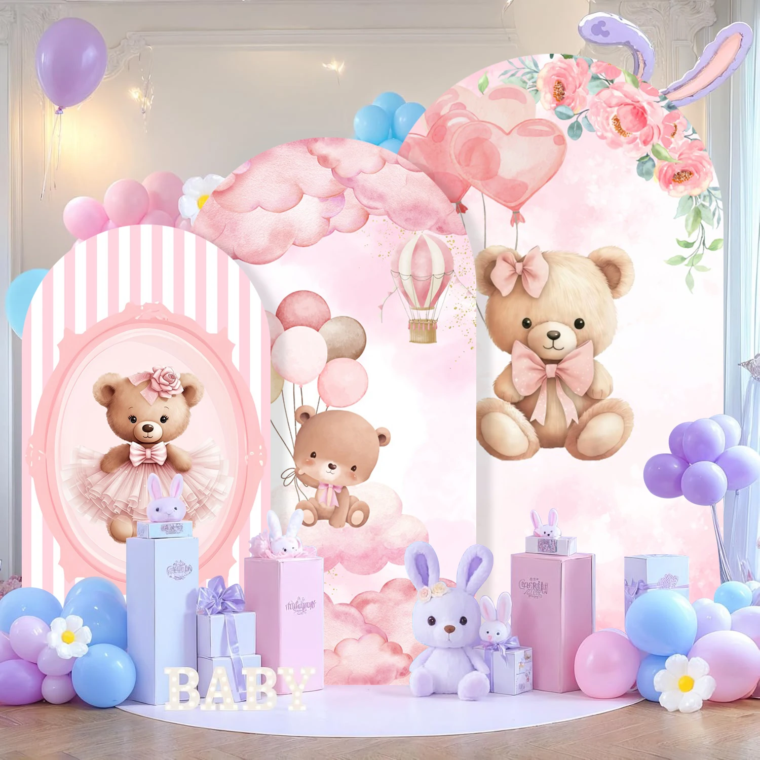 Yeele Teddy Bear Arch Backdrop Cover Hot Air Balloon Flowers Baby Shower Girls Boys Birthday Party Covers for Decorative Arches