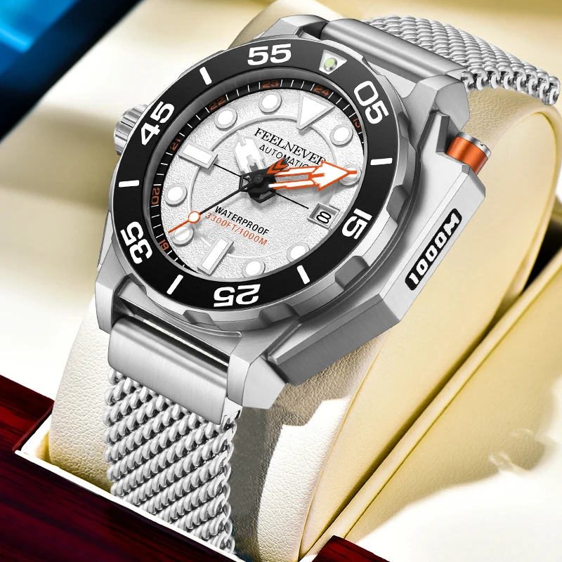 FeelNever Design Simple Fashion Dial Mechanical Man Watch Rotating Bezel Sports 316L Stainless Band Waterproof Watches for Mens