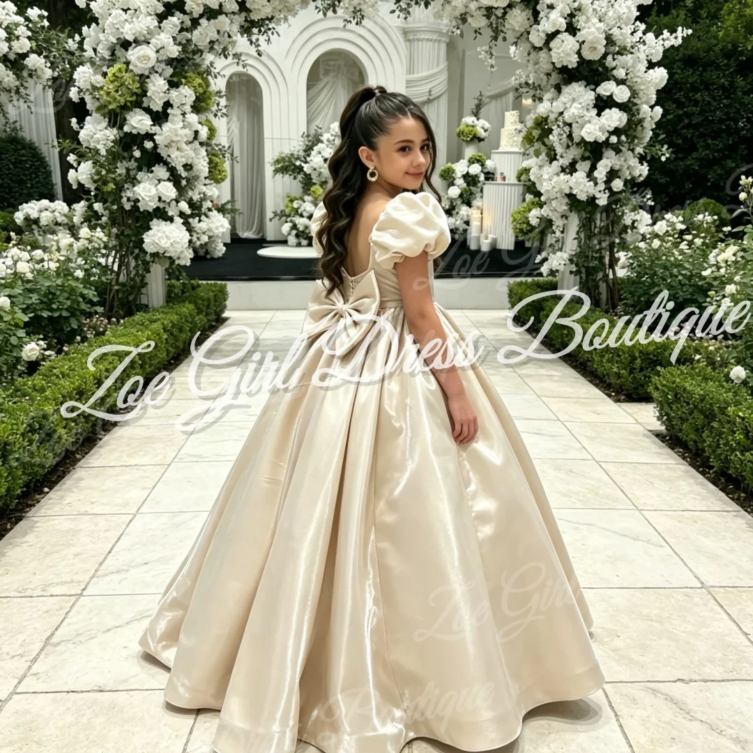 Champagne Satin Puff Short Sleeves Flower Girls Dresses Wedding Birthday First Holy Communion Party Long Gowns Customized