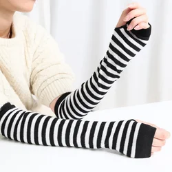 1 Pair Fall Winter Lovely Knitted Open Finger Half Finger Wrist CoverUnisex Long Fingerless Gloves Gloves Arm Cover Striped Cott