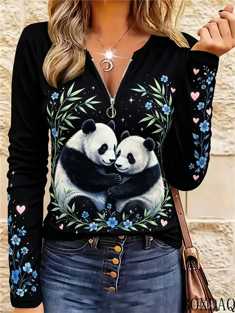 Autumn Women's Loose Fashion Hoodies 2026 Woman Retro Casual Tops Long Sleeved Zipper V-neck Animal Pattern Print Sweatshirt
