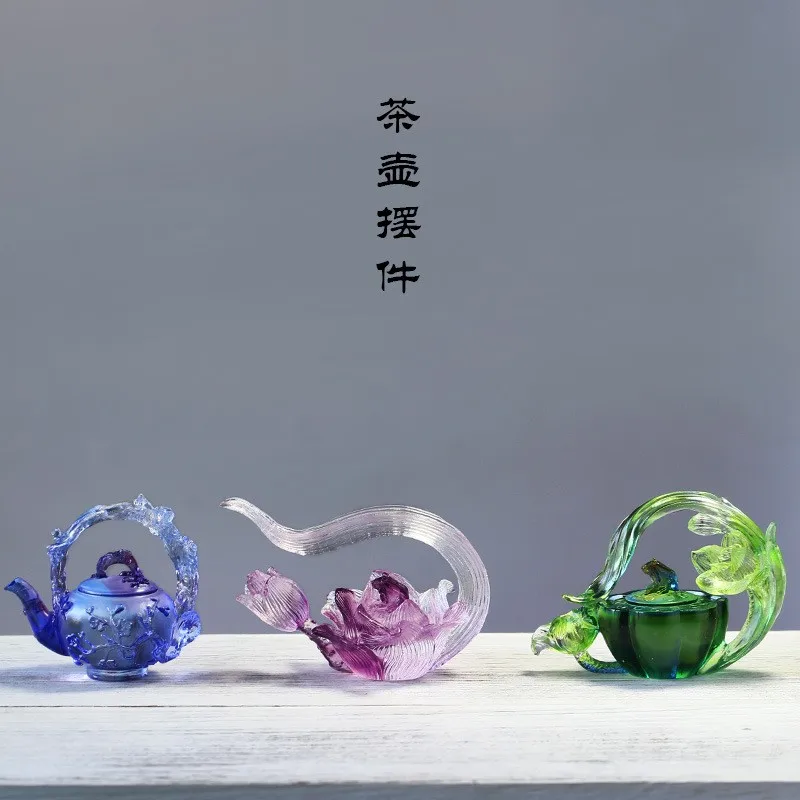 Creative Luxury Home Decoration Colored Glaze Teapot 3D Plum Lotus Flower Cute Frog Living Room Desktop Ornaments Crystal Gifts