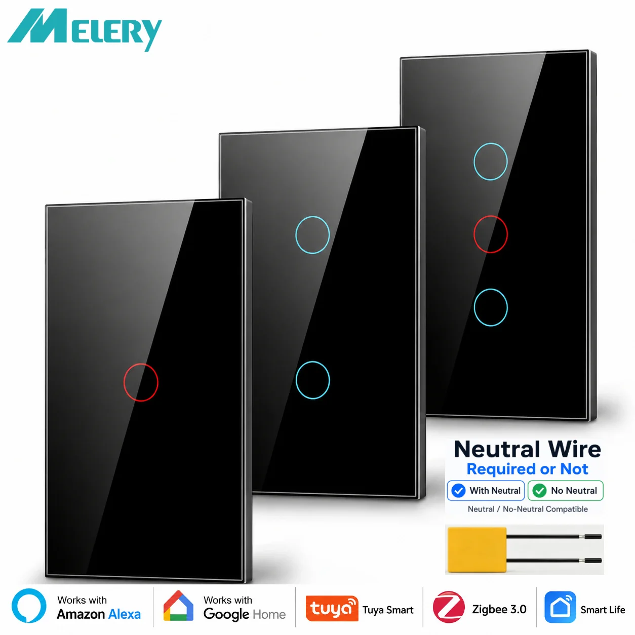 Melery Zigbee Smart Light Switch with/without Neutral Wire Wall Touch Sensor Glass Panel Voice Remote by Tuya Alexa Google Home