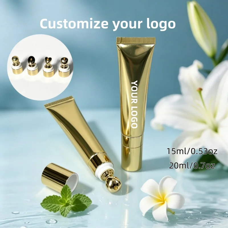 【Logo Custom】50Pcs Customized Quick Delivery 15/20ml Luxurious Gold Packaging with Zinc Alloy Pointed Massage Head
