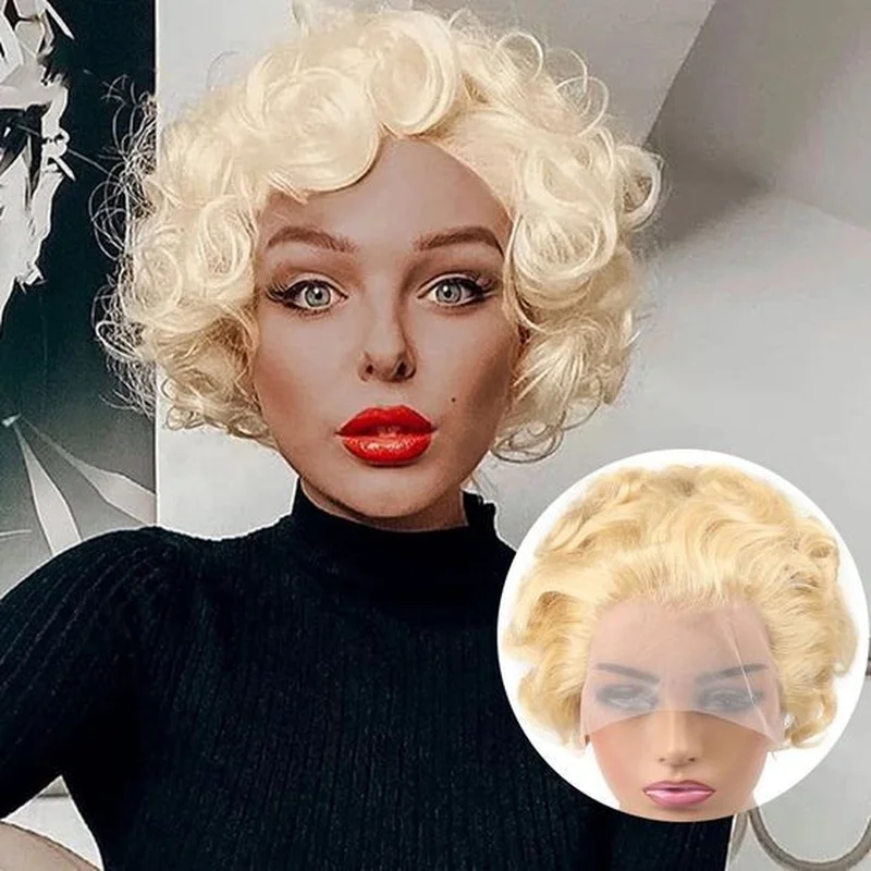 Light Blonde Curly  Hair Wig Pixie Cut Glueless Short 13x1 Lace Front Wig