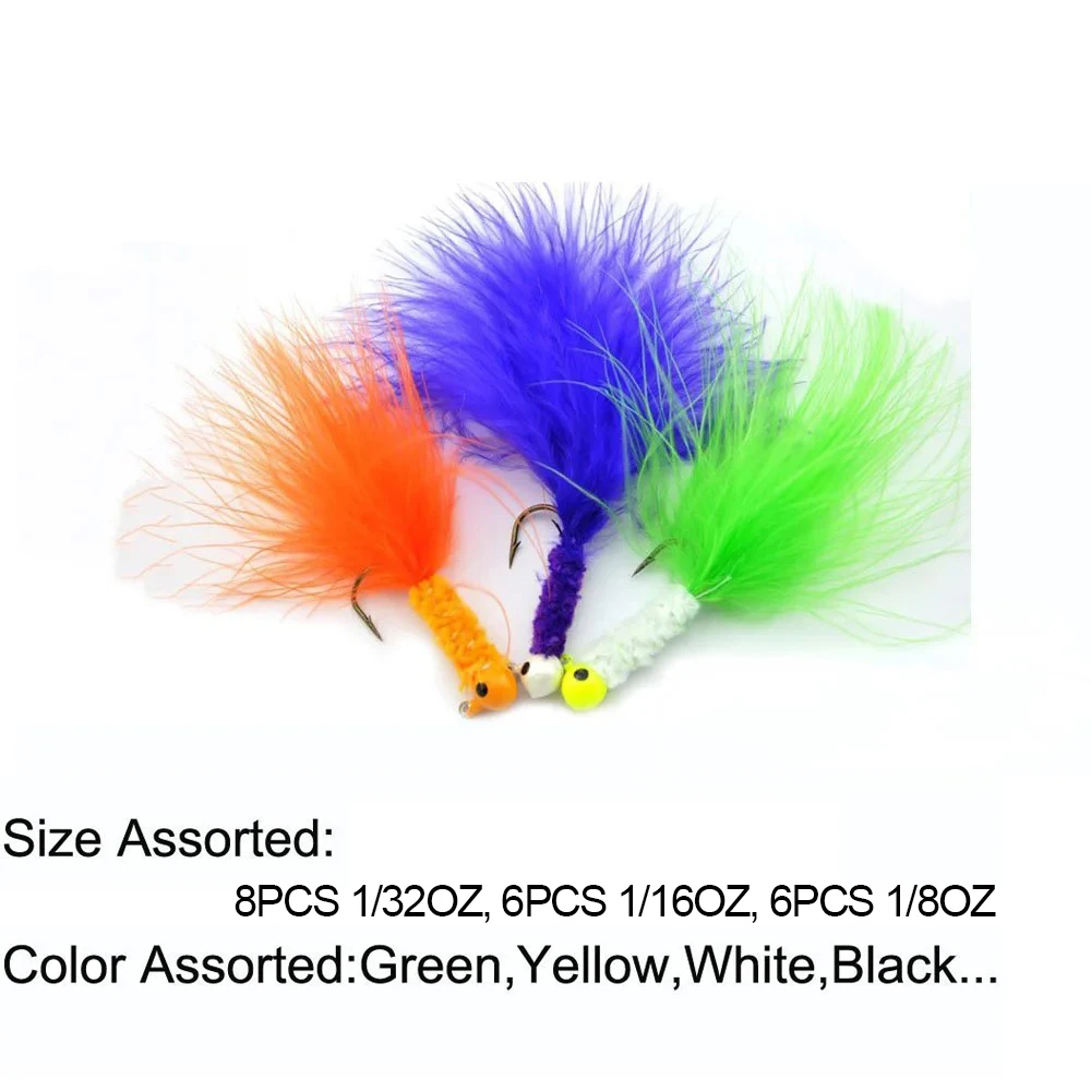 20Pcs Jig Heads for Fishing Crappie Jig Head Marabou Feather Jig Lures Round Jig head Hooks for Bass Trout Panfish Fishing