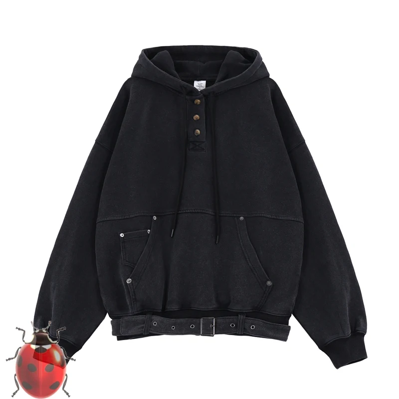 Drawstring Three Button Washed Retro Loose Hoodie Hem Kangaroo Pocket Tight Waistband Design Casual Sweatshirts Black Khaki