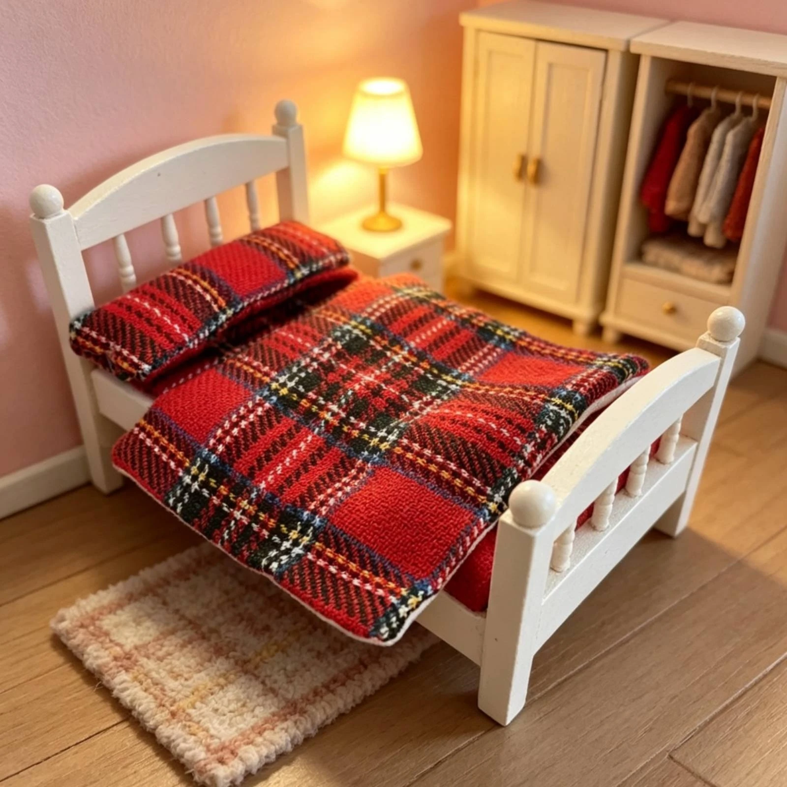 Miniature Baby Crib Red Plaid White Baby Crib Mini Cot Textile Bedding Dollhouse Accessory Flat Blanket-Design Cover view 4