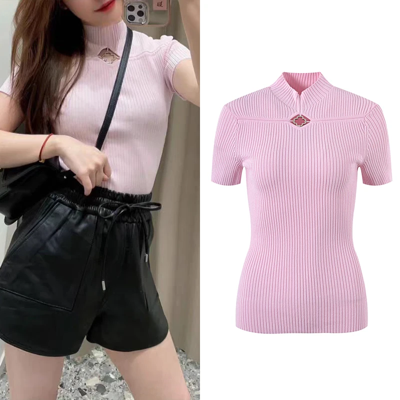

High-End Version M Home Spring Summer Design Sweet Pink Slim Fit ort Sve f High Collar Knitted Top Women's Faion