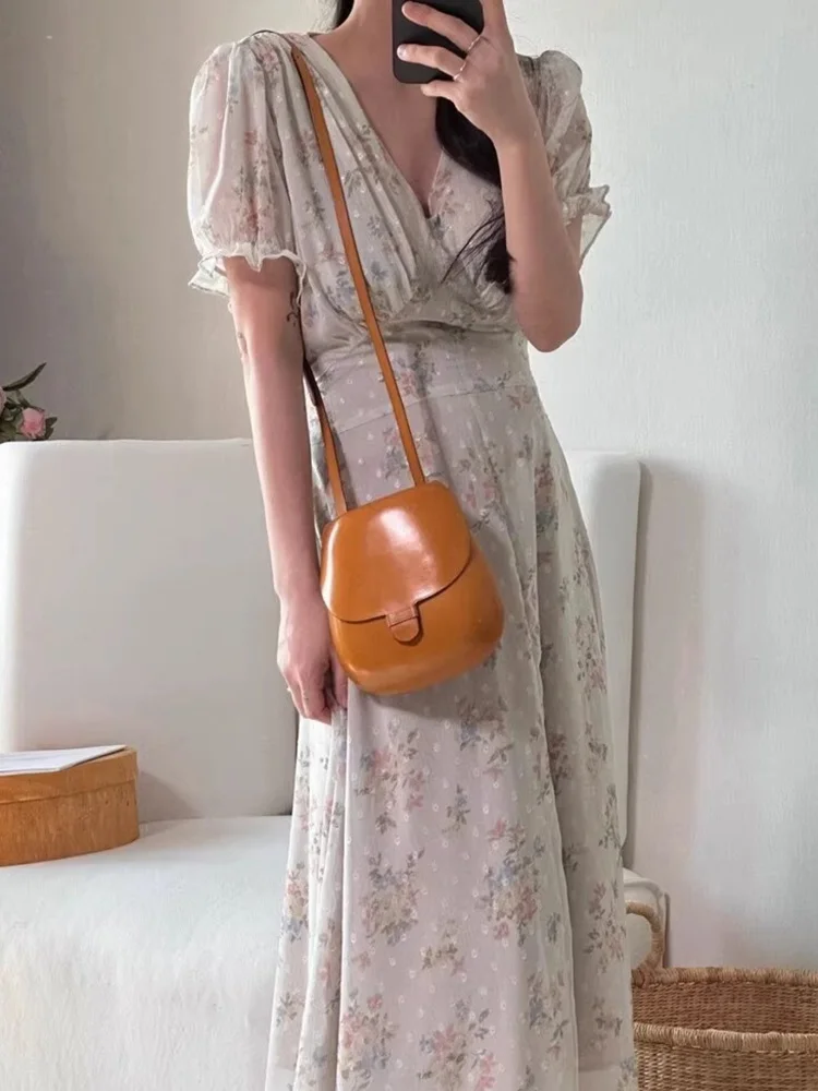 Retro Summer Floral Chiffon Dr with Waist Cinching Tie Bubble Sve Long Women's Faion Korean Sle High Waist ort Sl...