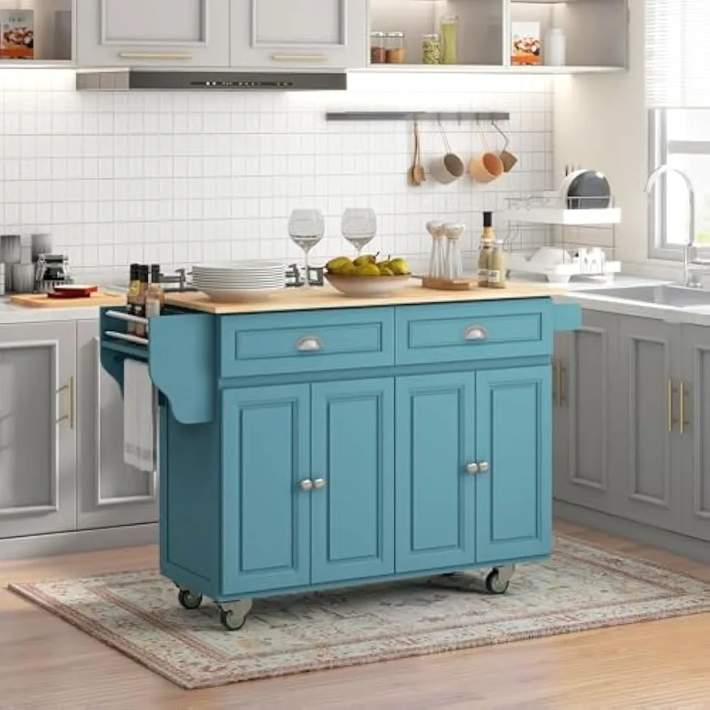 Rolling Kitchen Island Cart with Drop Leaf, Kitchen Cart on Wheels with Rubber Wood Top, 2 Drawers and 2 Storage Cabinets