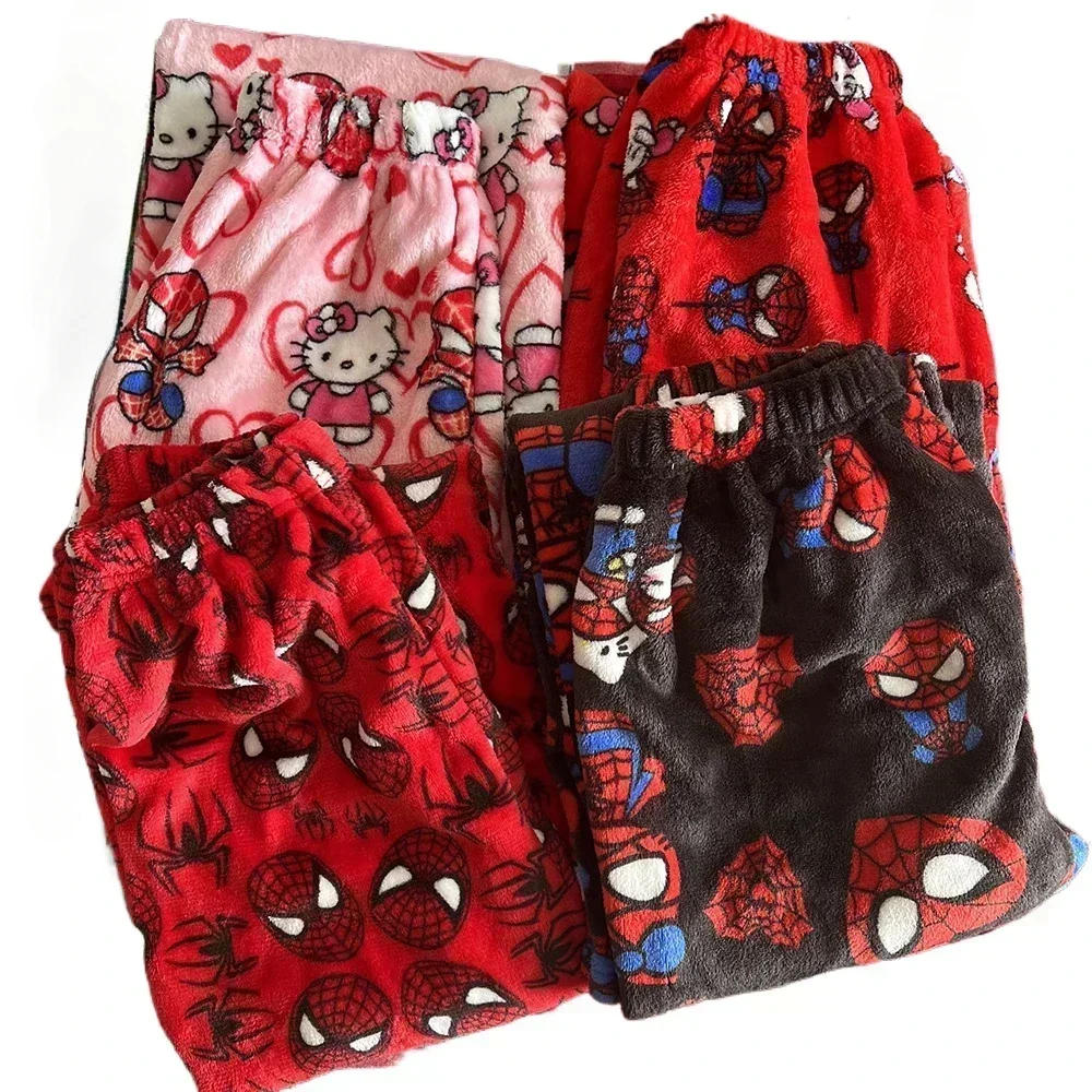 New Spider Man Sleeping Pants Anime Hello Kitty Pajama Pants Flannel Soft Casual Pants Cartoon Home Trousers Couple Gifts