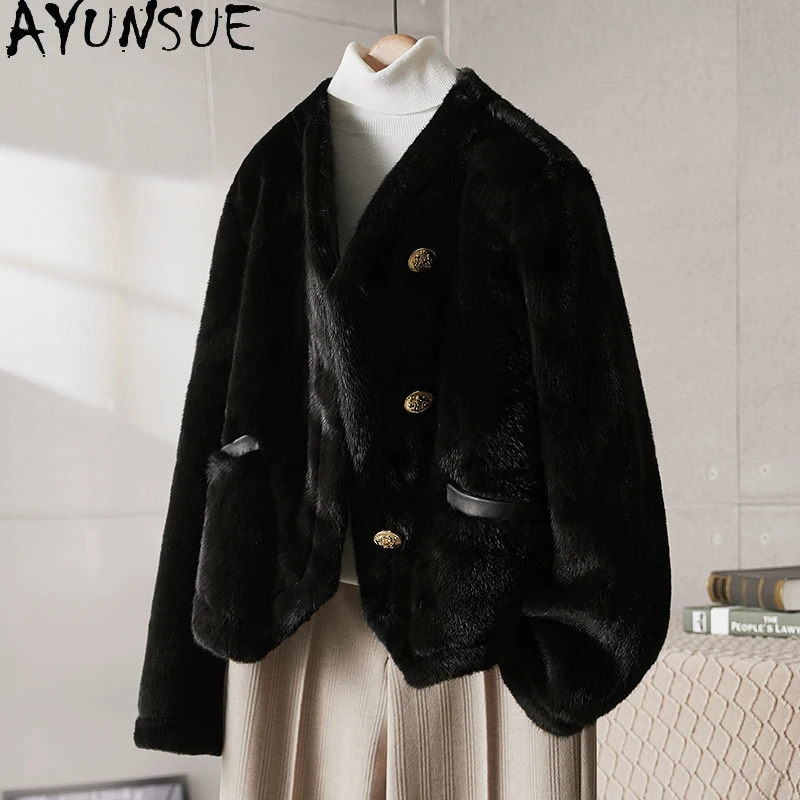 AYUNSUE 천연 밍크 모피 자켓 여성 2025 겨울 우아한 리얼 모피 자켓 여성 의류 전체 밍크 자켓 Abrigo Mujer