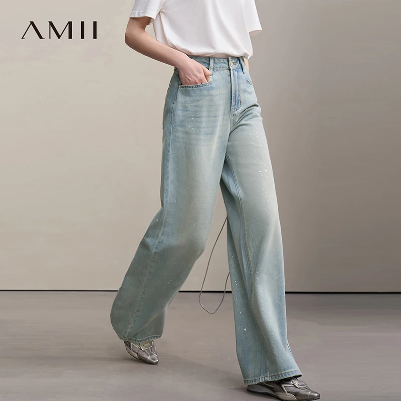 

Amii Women's Jeans 2026 Summer New Casual Cotton Wide Leg Pants Silver Foil Print Versatile Loose Fit Denim Trousers 12652046