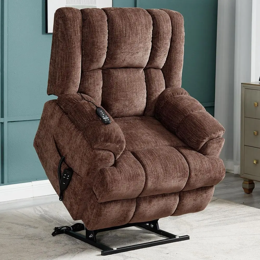 Dual Motor Power Recliner with Massage, Heat, and Infinite Positions, Brown Chenille Fabric Chair for Elderly Comfort