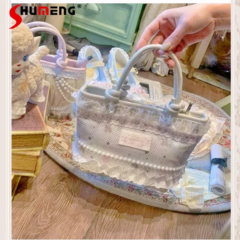 

2026 Spring New Japanese Lolita Sweet Lace Bow Shopping Bags Holiday Style Handheld Shoulder Bag Cute Straw Bag For Ladies Girls