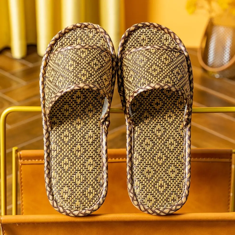 Rattan Straw Woven Slippers Summer Household Sandals Indoor Non- slip Breathable Linen Slippers Odor Prevention