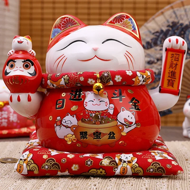 6.5/8.5 Inch Ceramic Beckoning Cat Maneki Neko Ornament Swing Lucky Fortune Cat Feng Shui Decoration Centerpiece Business Gift