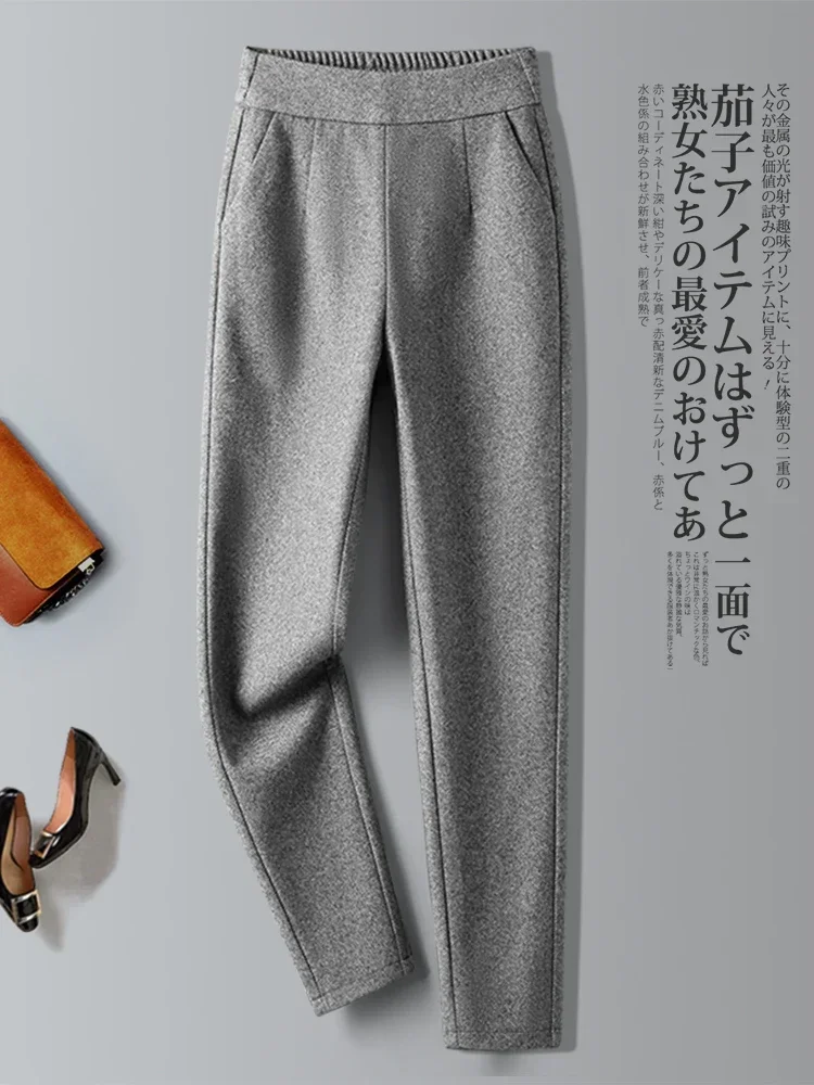 2026 Autumn New Casual Harem Pants Apricot Thickened Warm Elastic Waist Pants Women Herringbone Woolen High-Waisted Pants Women