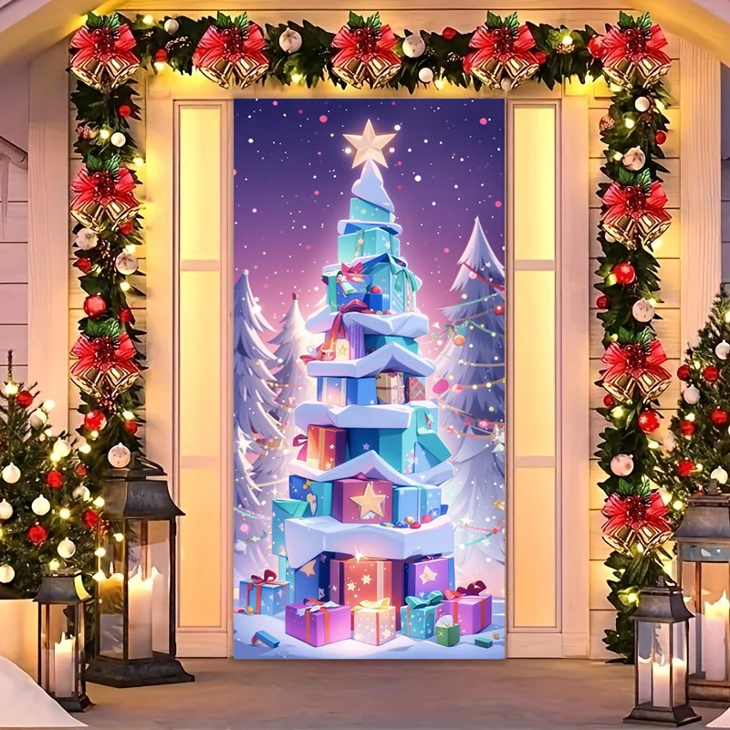 علم باب ثنائي الأبعاد، 1 غطاء باب شجرة عيد الميلاد احتفالي، سهل التركيب والإزالة، مقاوم للبقع، مناسب لتزيين الحفلات