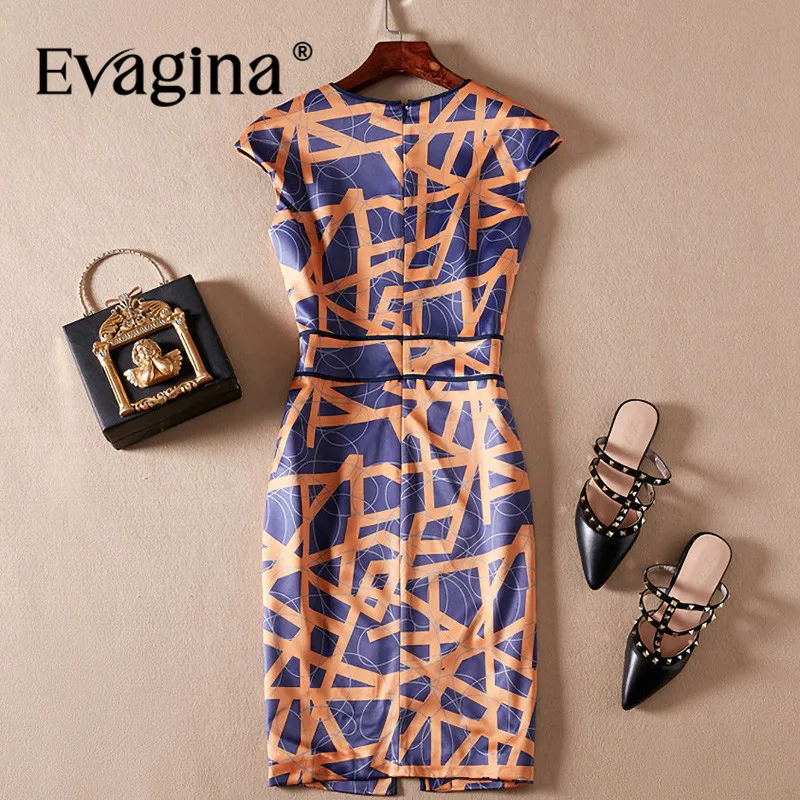 Evagina Fashion design Spring Summer Women's Garment Sleeve Striped Printing High Street Orange Slim Dresses