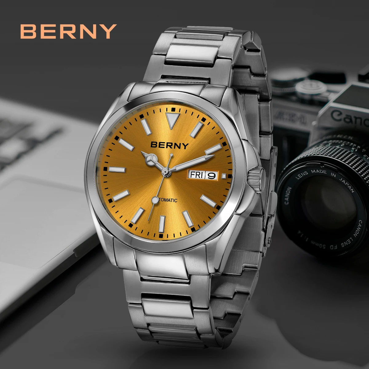 

BERNY Automatic Watches for Men Super Luminous Date Week Mechanical Mens Watch Full Stainless Steel Wristwatch NH36 Sapphire