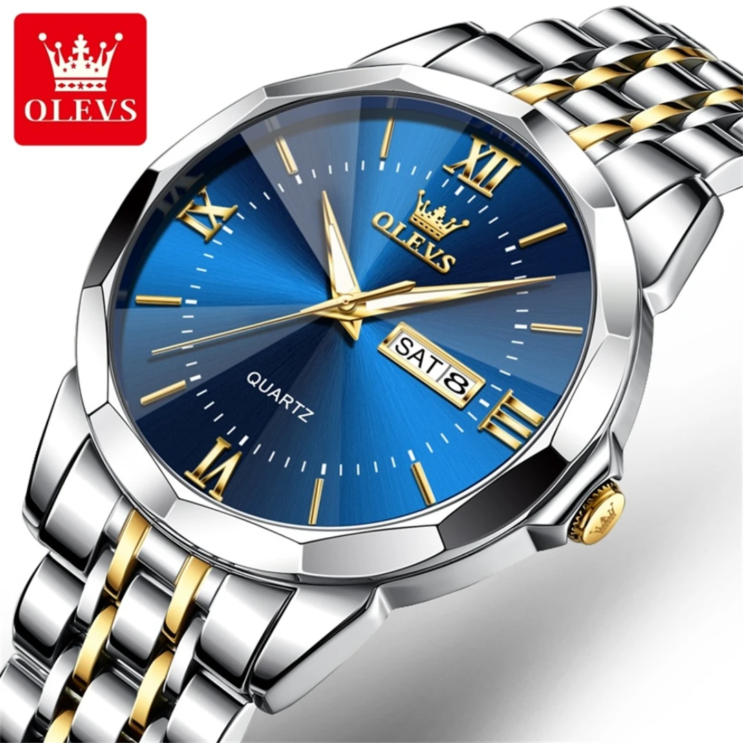 OLEVS-Montre-bracelet à quartz en acier inoxydable, cadran rond, affichage de la semaine, calendrier Shoous, cadeau de mode, 9989