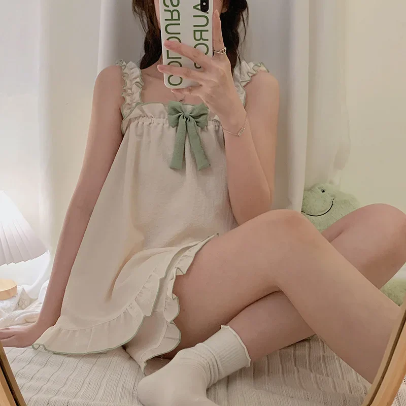 

Женские летние подтяжки, короткие пижамы из двух предметов с бантом, без рукавов, тонкие, милые, милые, хлопковые, домашняя одежда, свободный мягкий квадратный воротник L