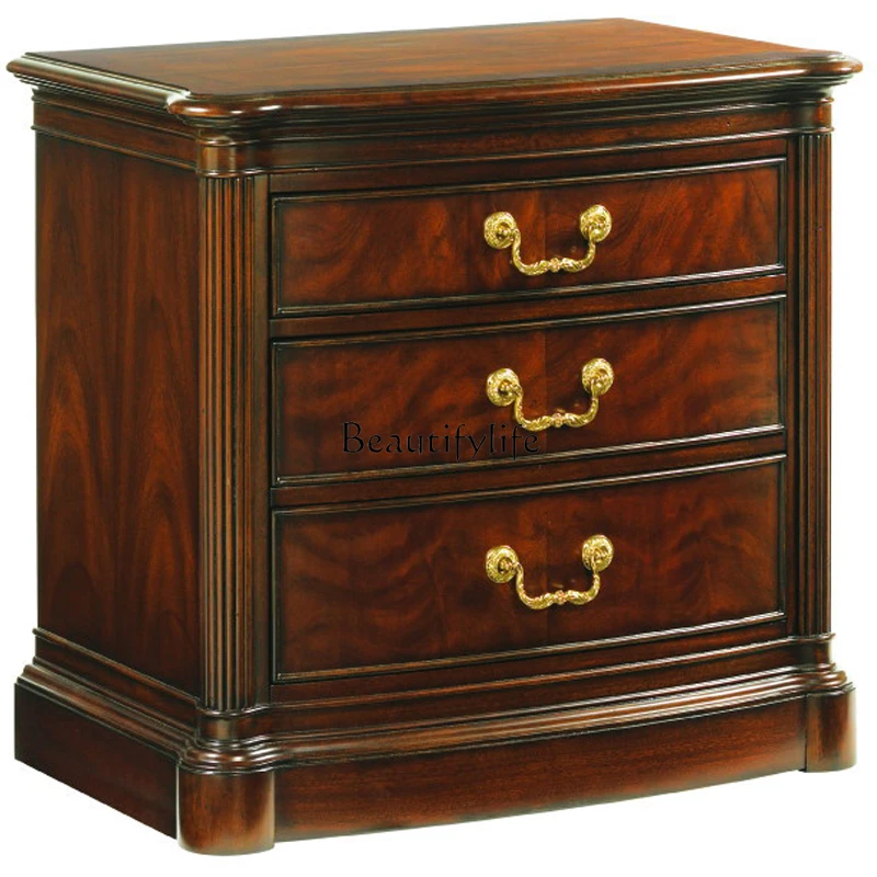 

American Retro Distressed Large Apartment Bedside Table European Style Mahogany Solid Wood Carved Bedside Cabinet