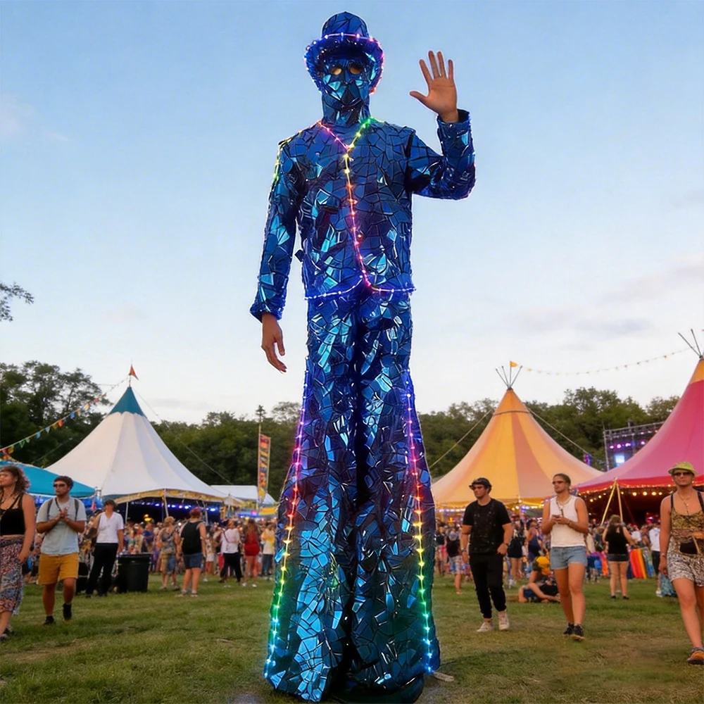 

Men's Blue LED Fabric Stilt Costume with Hat And Mask Glitter Performance Suit for Party Holiday Events Cool LED Costume
