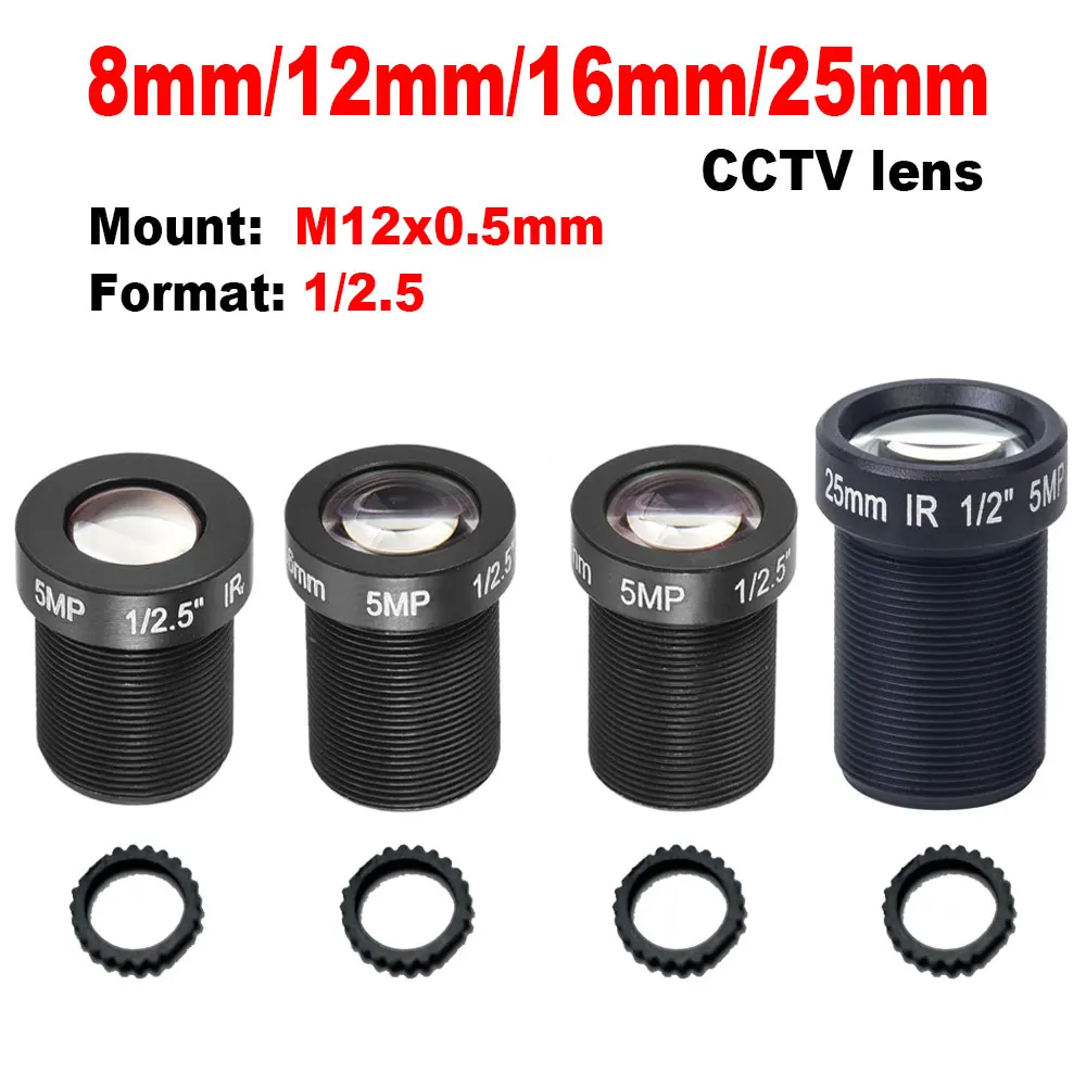 HD 5.0 Megapixel 25mm 16mm 12mm 8mm IR CCTV-Objektiv für HD IP AHD CCTV-Kamera mit M12-Anschluss, Feste Blende, Lange Sichtweite 20-60m