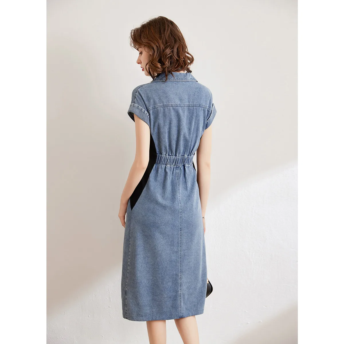 LOUIS YAO Denim Dress V Neck Short Sleeve Dress 2024 Summer Slim Fit Embroidery Fashion Long Dress