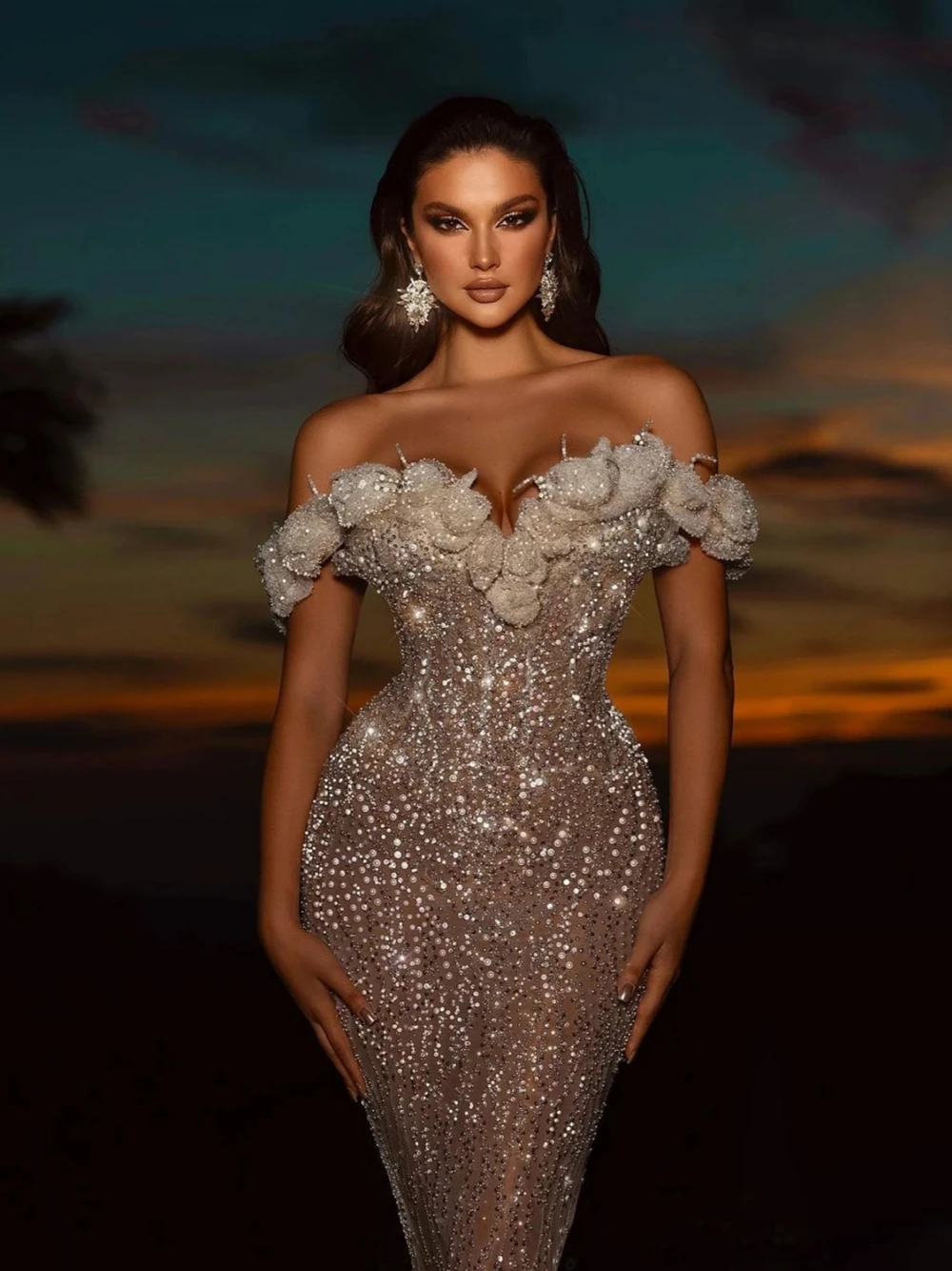 Stunning Mermaid Evening Dress Luxury Beaded Prom Pearls Bride Robe Illusion Customized Cocktail Dresses Vestidos De Novia