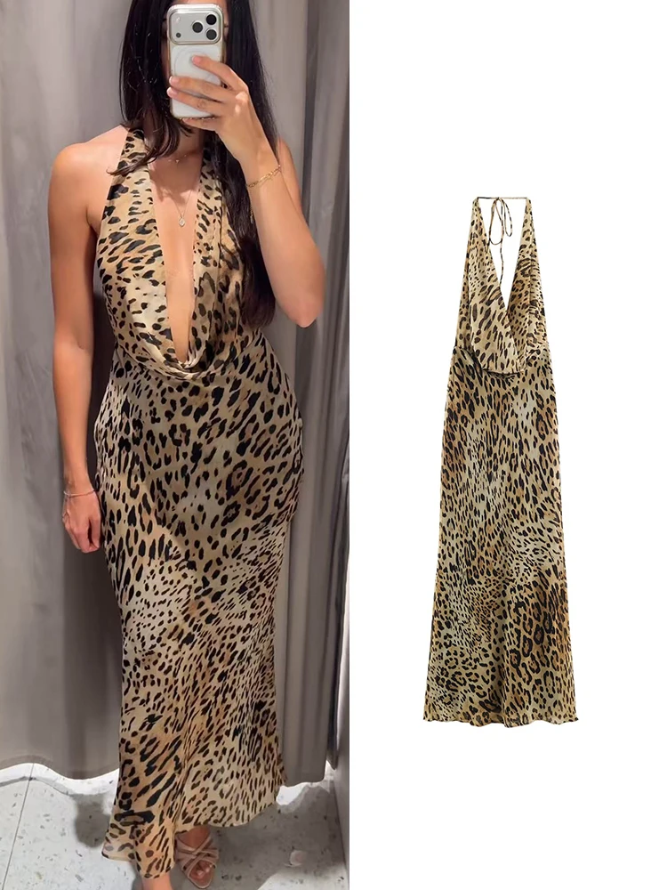 TFMLN Vintage Leopard-Print Halter Dress For Woman Summer Sexy Backless Elegant Swinging Collar Trend Party Wear Chic Bodycon